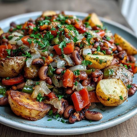 Freshly garnished Black-Eyed Pea Hash ready for breakfast alongside a fried egg and hot sauce.
