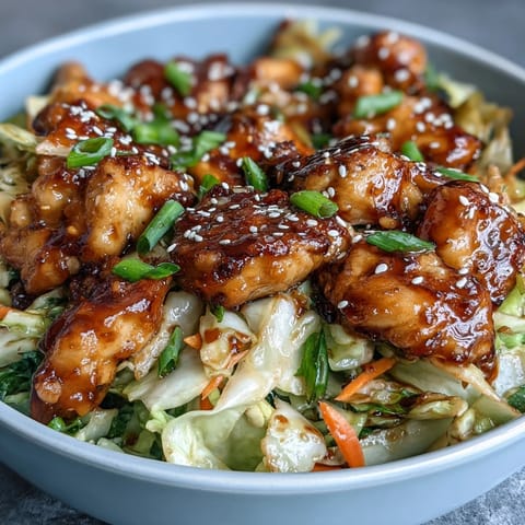 Steamy skillet of Egg Roll Bowls with Chicken and Cabbage reveals golden chicken, shredded cabbage, and carrots topped with scallions and sesame seeds for a crunch.