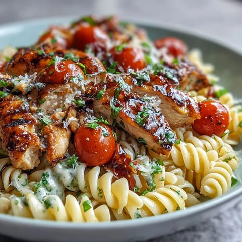 Savory Bruschetta Chicken Pasta plated in a white dish, garnished with Parmesan, balsamic glaze, and a sprig of fresh basil.