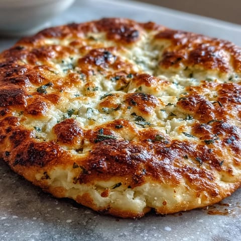 Golden-brown Fluffy Cottage Cheese Flatbread with bubbling edges, fresh herbs, and a soft, pillowy texture perfect for wraps.