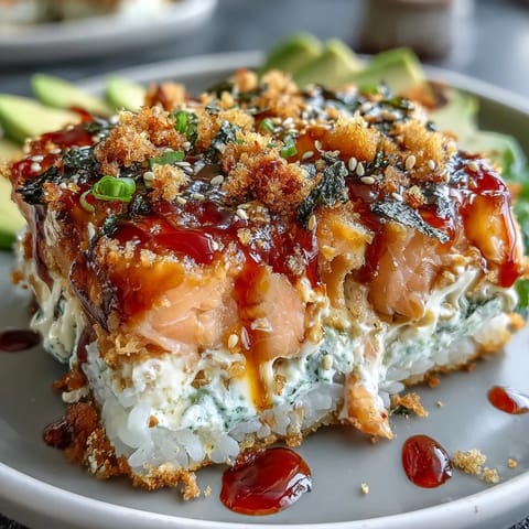 Scooping a serving of Spicy Salmon Sushi Bake from the dish, revealing the creamy, spicy salmon mixture and fluffy rice inside.