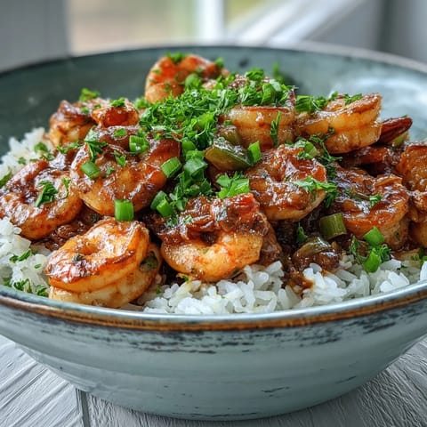 A steaming bowl of Classic New Orleans Étouffée featuring succulent shrimp swimming in a rich, dark roux and served over fluffy white rice.