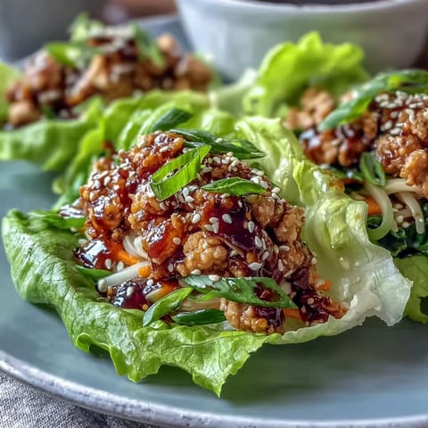 Spoonful of colorful potsticker noodle lettuce cups garnished with scallions and sesame seeds on a plate.