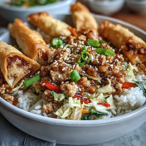 Steam rises from a bowl of Crispy Baked Egg Roll Chicken Bowls, filled with sautéed ground chicken, cabbage, and carrots, garnished with sesame seeds and green onions.