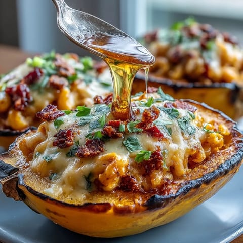 Fork-tender roasted acorn squash brimmed with cheesy, spicy-sweet Hot Honey Chili Mac, ready to serve.