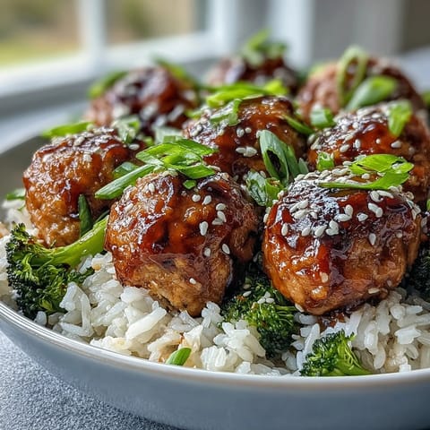 Tender turkey meatballs coated in a sticky honey garlic glaze on a bed of fluffy rice.