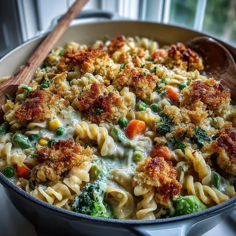 A fork rests in a creamy bowl of Creamy Veggie Pot Pie Pasta, revealing tender peas, carrots, and corn.