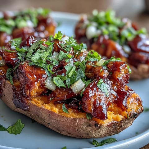 Tender sweet potatoes filled with smoky honey BBQ chicken, topped with tangy sauce and fresh green onions.