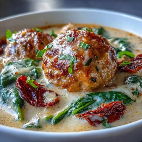 Fresh basil garnish and sun-dried tomatoes top a steaming bowl of Creamy Tuscan Turkey Meatball Soup next to crusty bread.