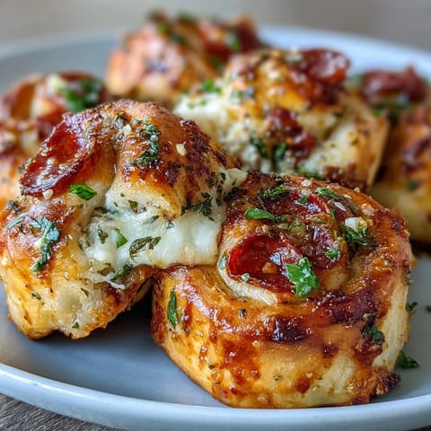 Savory Pizza Roll Stuffed Garlic Knots on a platter, with a bowl of warm marinara for dipping.