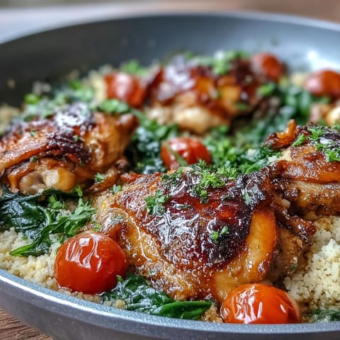 Freshly squeezed lemon wedges sit nearby, brightening the steamy, hearty One-Pan Garlic Butter Chicken Couscous.