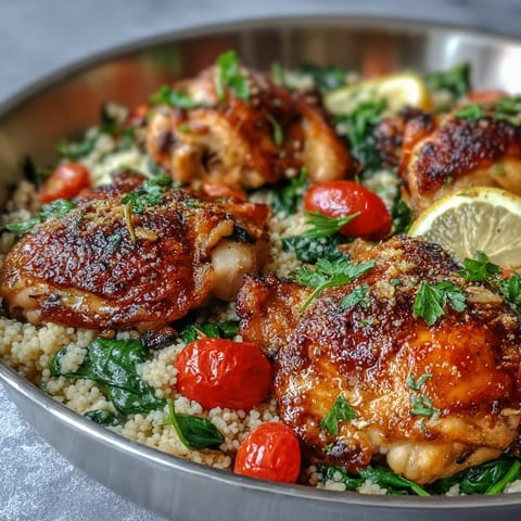 Garlic Butter Chicken Couscous with golden seared chicken thighs and bright cherry tomatoes garnished with fresh parsley.