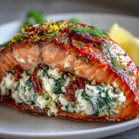 Fresh spinach and creamy feta filling spills from tender salmon fillets in this savory, Mediterranean-inspired weeknight dinner.