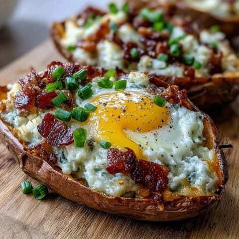 A close-up of Breakfast Sweet Potatoes revealing fluffy, buttery sweet potato flesh mixed with bacon and cheese, crowned by a runny-yolked baked egg.