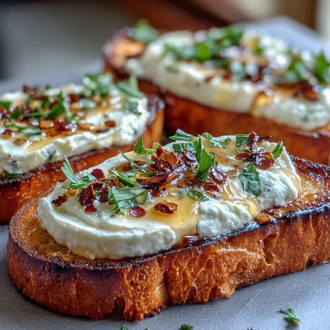 Crostini with whipped feta arranged on a rustic platter, garnished with fresh herbs for an appetizer.
