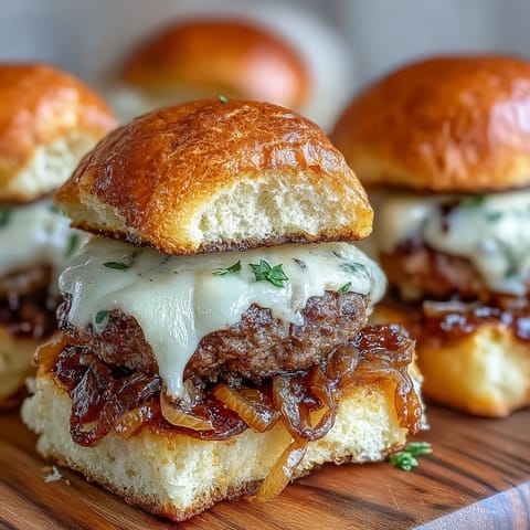 Mini Smash Burger Sliders with Caramelized Onions stacked high, ready to serve with extra onions and a side of crispy fries.