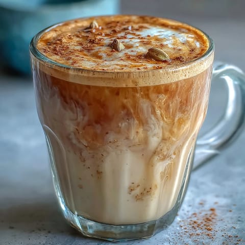 Two mugs of steaming Cardamom Chai Latte topped with a sprinkle of ground cinnamon and a cinnamon stick stirrer.