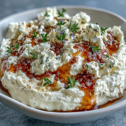 A close-up of creamy Salted Honey Whipped Feta topped with honey and lavender, served with pita wedges.