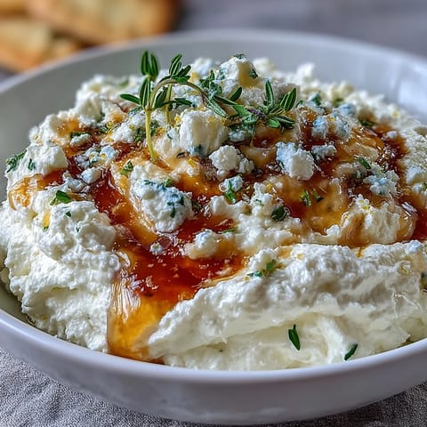 A swoosh of fluffy Salted Honey Whipped Feta in a white bowl, drizzled with honey and sprinkled with flaky salt.
