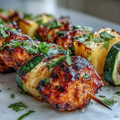 Bright summer skewers of juicy pineapple, tender chicken, and zucchini rounds are garnished with fresh cilantro. 