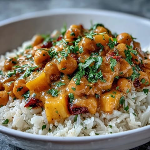A vibrant, golden curry simmering with tender chickpeas and sweet mango chunks in a rich coconut sauce.