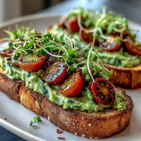 Golden-crisp avocado pesto sourdough toast topped with juicy cherry tomatoes and fresh microgreens, served as a vibrant brunch.