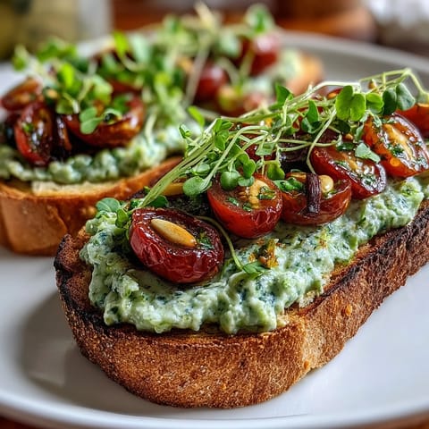 Toasted sourdough bread slathered with creamy avocado pesto and piled with halved cherry tomatoes and peppery microgreens.