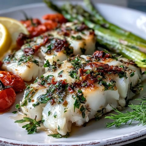 Fork-tender Baked Lemon Herb Cod fillets, roasted alongside vibrant green asparagus and blistered cherry tomatoes on a single sheet pan.