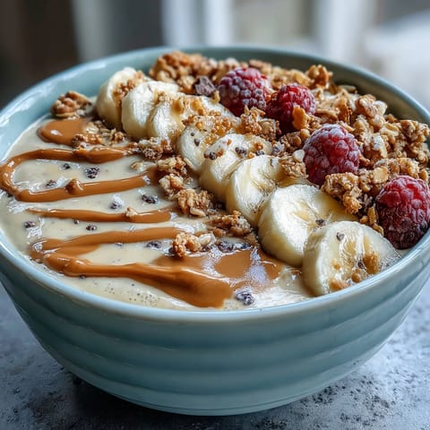Creamy vegan peanut butter banana protein smoothie bowl topped with fresh berries and crunchy granola for a healthy breakfast.