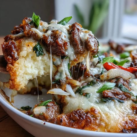 A hearty serving of Keto Philly Cheesesteak Casserole with Cauliflower Rice shows sautéed peppers, onions, and tender beef beneath melted cheese.