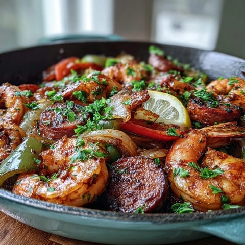 Zesty Keto Cajun Shrimp and Sausage Skillet tossed with colorful bell peppers and fresh parsley garnish.