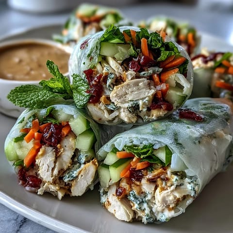 Freshly rolled Light Chicken and Veggie Spring Rolls with Peanut Sauce are presented on a white platter, ready to slice.