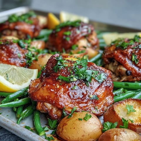 Golden-brown Sheet Pan Lemon Garlic Chicken with Potatoes and Green Beans resting on a white platter next to fresh lemon wedges.