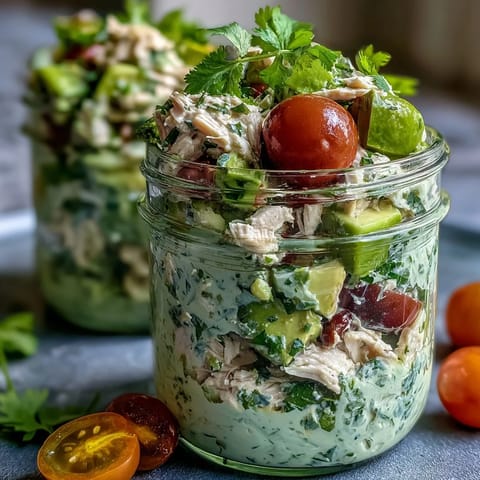 Creamy avocado and chicken salad layered in mason jars, perfect for healthy keto lunches on the go.  