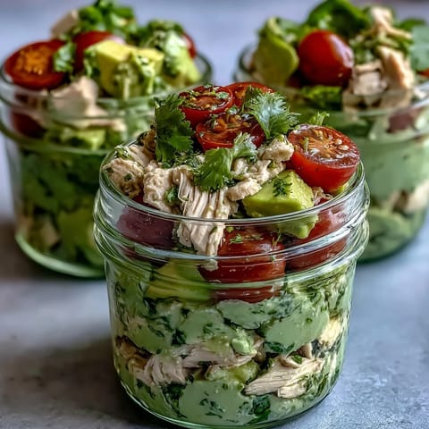 Fresh chicken and avocado salad in portable mason jars, ideal for quick and easy keto meal prep.  