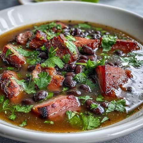 A steaming bowl of Cuban-inspired ham and black bean soup, finished with bright lime juice and chopped cilantro.  