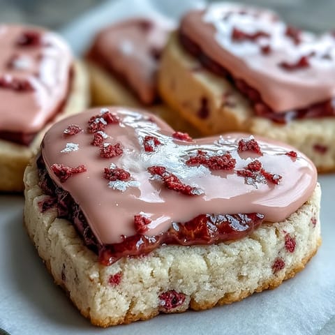 Heart-shaped strawberry sugar cookies decorated with glossy pink royal icing for Valentine's Day.  