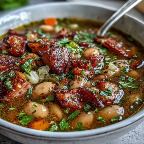 A steaming bowl of ham bone bean soup with smoky paprika, tender beans, and savory ham chunks in rich broth.