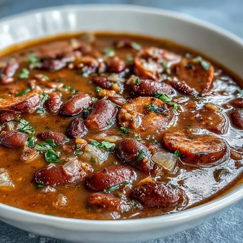 Creamy red beans simmered with diced ham, vegetables, and Cajun seasonings for a comforting Southern dish.  
