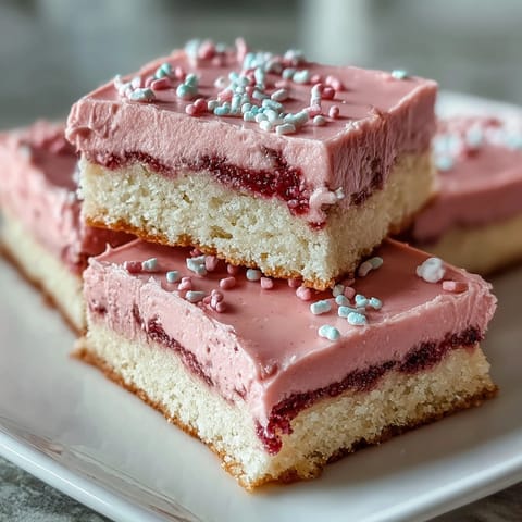 Soft, chewy sugar cookie bars topped with naturally flavored strawberry frosting and colorful sprinkles.  