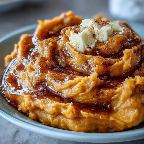 Creamy mashed candied yams with butter and cinnamon, a warm and comforting holiday side dish.