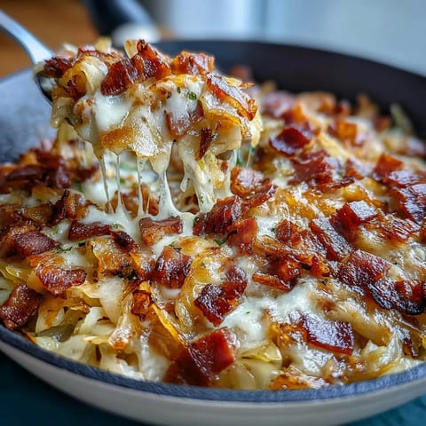 Savory ham and cabbage simmered in a creamy, dreamy sauce, topped with melted cheddar for ultimate comfort food.