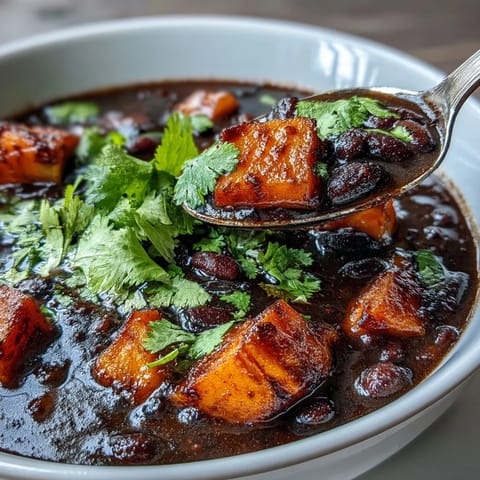 A steaming bowl of smoky black bean and sweet potato soup topped with tangy lime crema and fresh cilantro.  