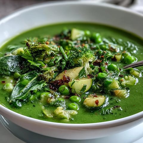 Vibrant green detox vegetable soup with zucchini, peas, and spinach, garnished with fresh herbs and lemon zest.  
