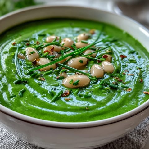 A vibrant green spinach and white bean soup with fresh vegetables, served steaming in a rustic bowl with chive garnish.