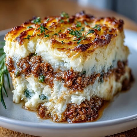 Savory ground lamb and vegetable filling beneath a smooth, buttery cauliflower mash in this wholesome twist on a classic.