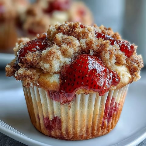 Golden strawberry muffins with crumbly streusel topping and bright lemon zest, perfect for a cozy breakfast or afternoon treat.