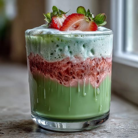 A creamy, layered strawberry matcha latte with vibrant pink strawberry puree and green matcha, topped with frothy oat milk foam.