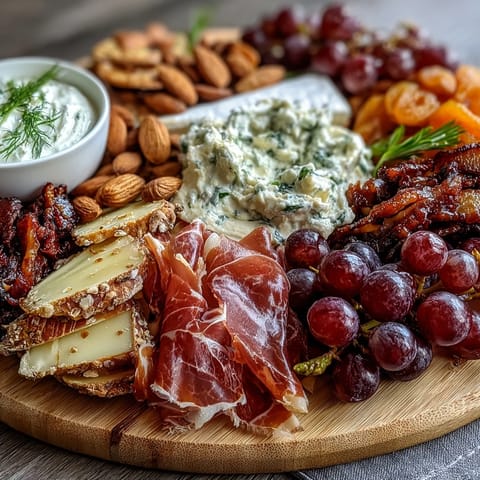 Housewarming Charcuterie Board with Homemade Dips featuring cured meats, cheeses, fresh fruits, and vegetables alongside creamy herbed Greek yogurt dip and roasted red pepper hummus.