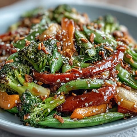 A colorful veggie stir-fry with crisp broccoli, bell peppers, and carrots in a creamy peanut sauce.  